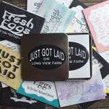 Chalkboard Big Top Just Got Laid Designer Egg Carton Labels with Premium Printing