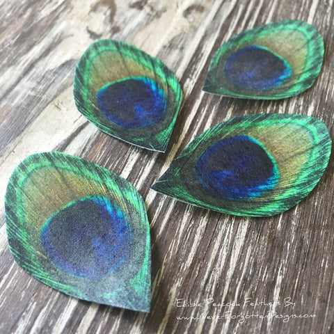Edible Peacock Feathers on Wafer Paper 2 Inch Traditional Color - Never Forgotten Designs