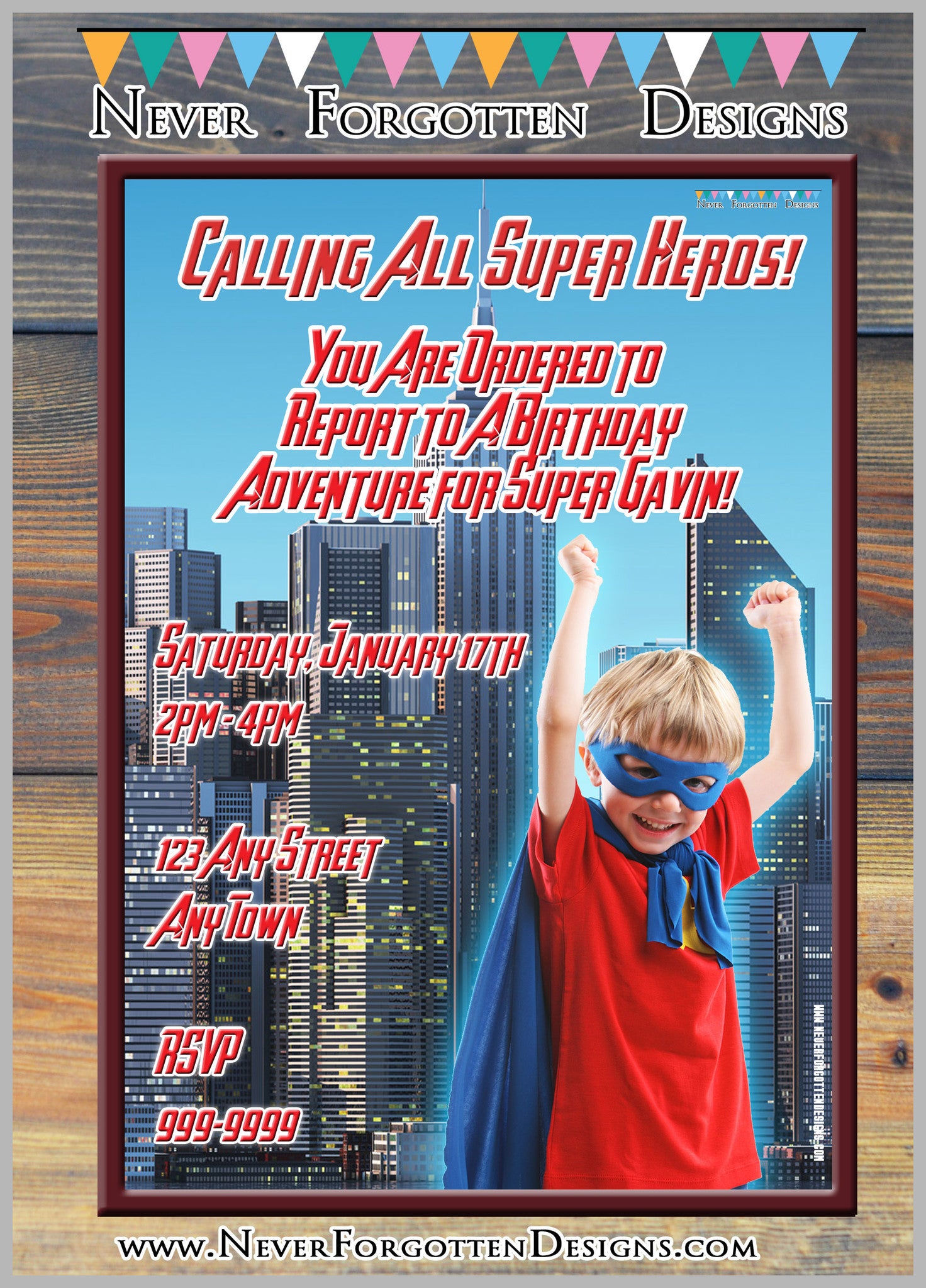 Super Hero Photo Invitation Design - Never Forgotten Designs