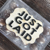 Just Got Laid Egg Carton Sticker Labels with Ornate Cut Shape